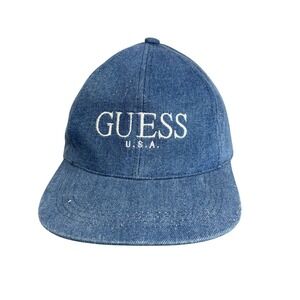 Guess USA Hat Cap Snap Back Blue Denim Embroidered Spell Out Mens 100% Cotton